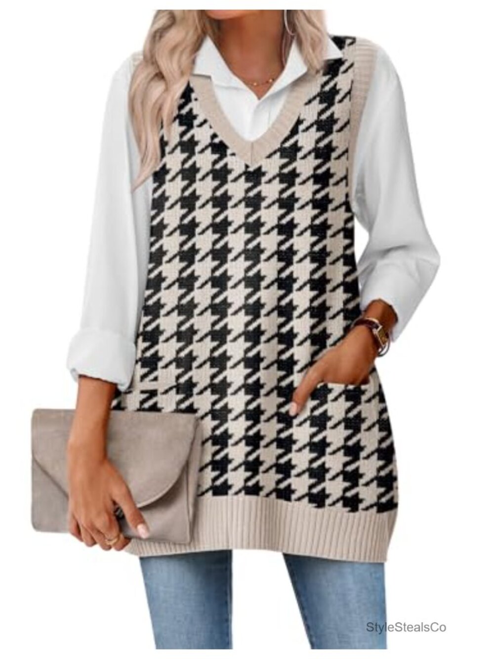 Zeagoo Sweater Vest Oversized Sleeveless V Neck Pullover Pocket Knit Fall